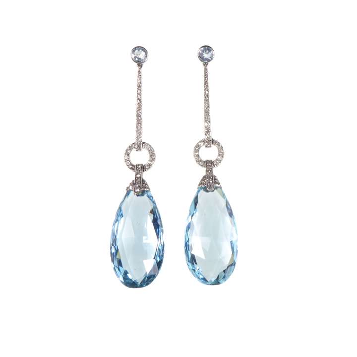Pair of aquamarine briolette and diamond pendant earrings